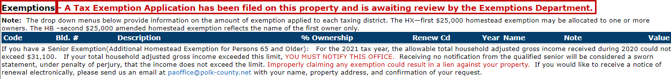 An example of the Exemptions Section of the Parcel Details page