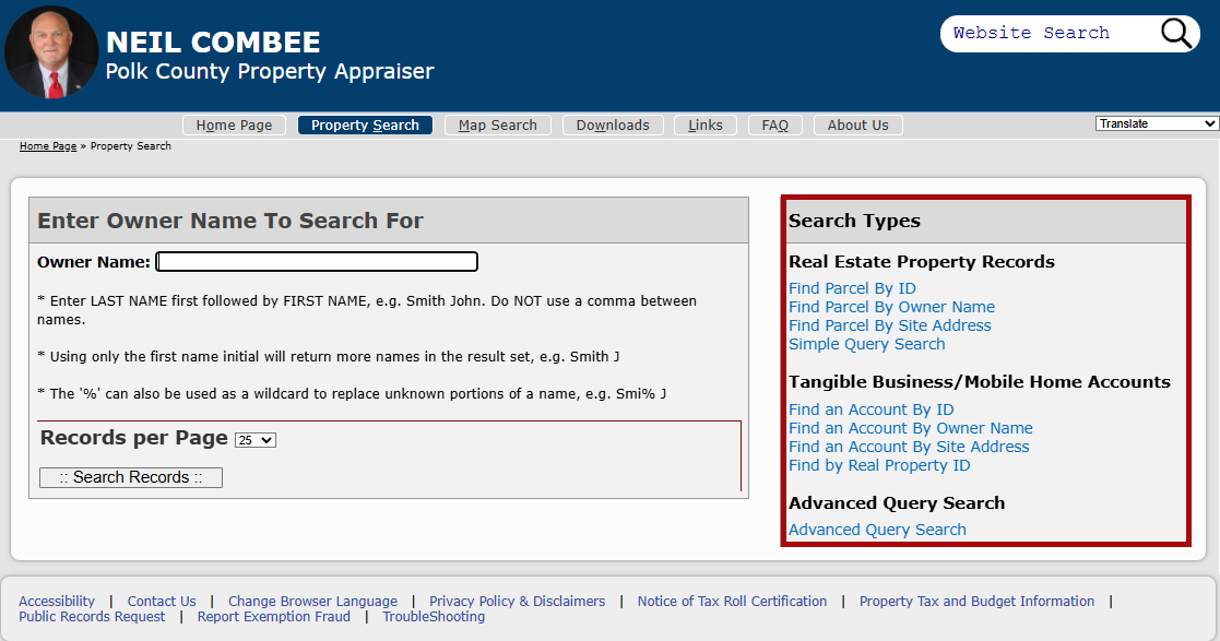 An example of the property search page with all the search types indicated