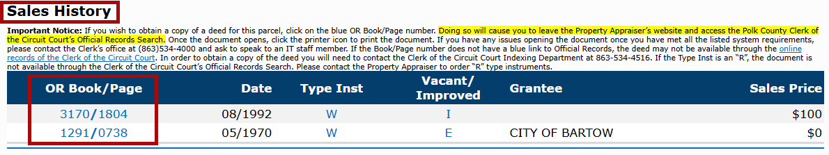 Sales History section of the Parcel details page with the OR Book/Page links indicated