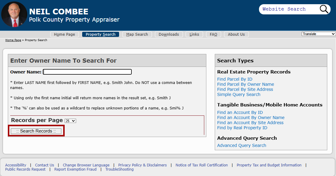 An example of the Property Search page with the Search button indicated