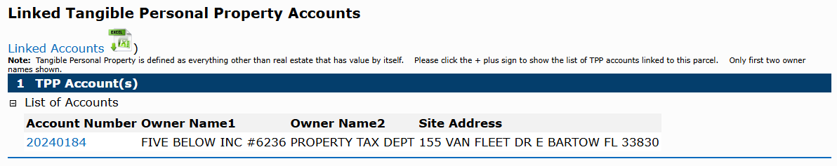 Example of Linked Tangible Personal Property Accounts section