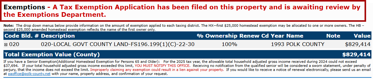 An example of the Exemptions Section of the Parcel Details page