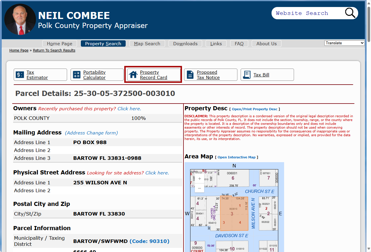 Parcel details page with both the PRC icon indicated