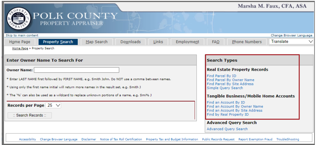 An example of the Property Search page with the Search Types section indicated