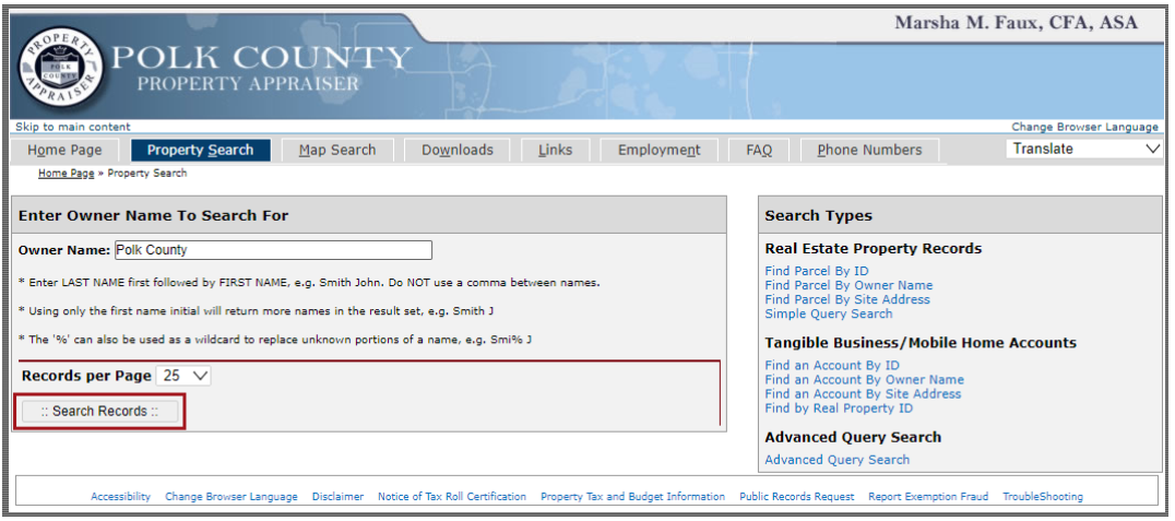 An example of the Property Search page with the Search button indicated