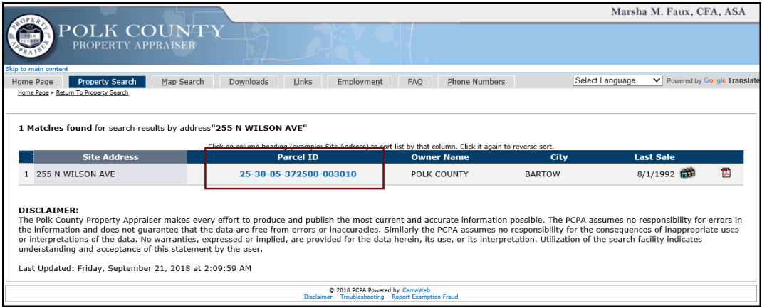 An example of the Property Search results page with the parcel Id link indicated