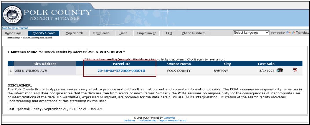 An example of the Property Search results page with the parcel Id link indicated