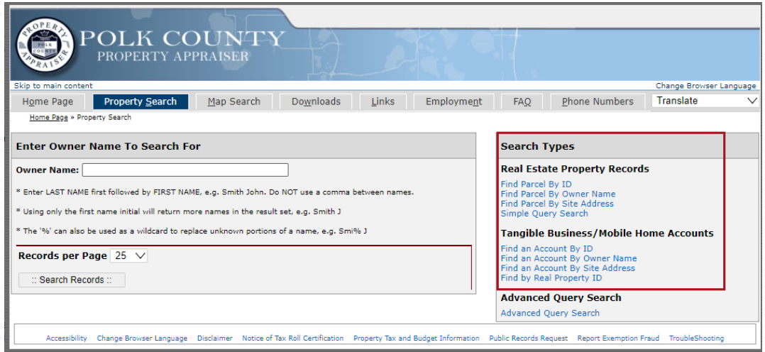 An example of the Property Search page with the Search Types section indicated