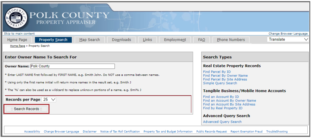 An example of the Property Search page with the Search button indicated