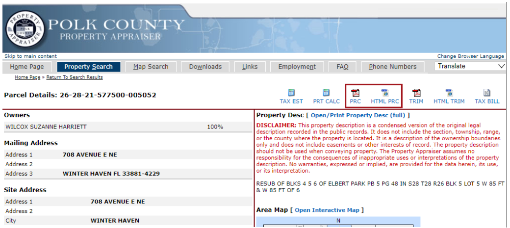 Parcel details page with both the PRC and HTML PRC icon indicated